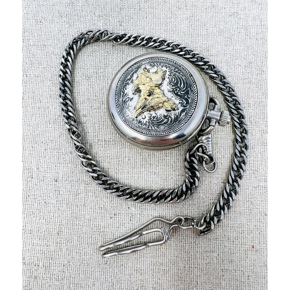 Montana Silversmiths Cowboy Pocket Watch Silver Gold Tone Western Quartz
